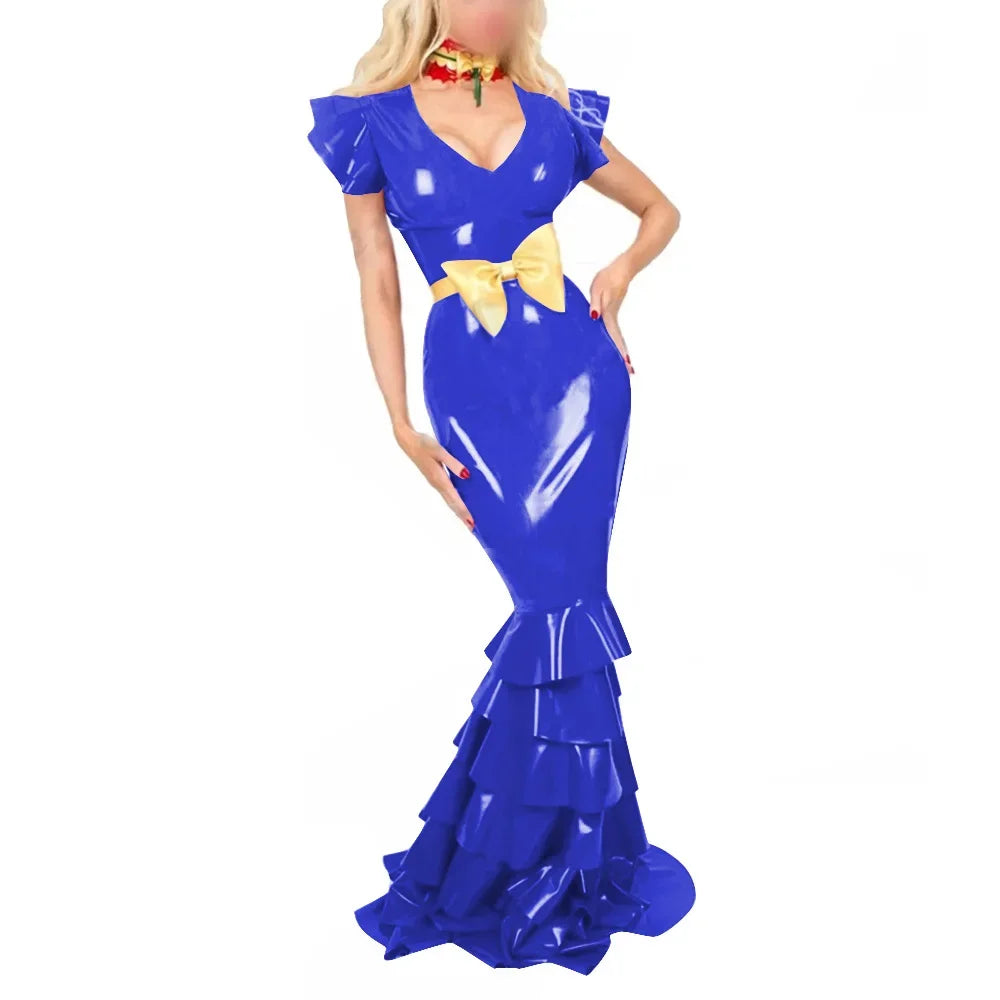 Plus Size Sexy V Neck Hobble Dress Vestido PVC Leather Short Sleeve Slim Ruffled Design Bodycon Maxi Dress Banquet Venue Gown