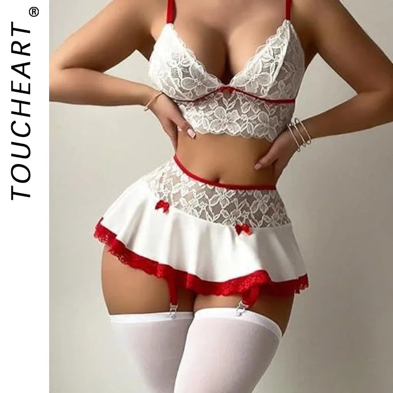 Toucheart Sexy Mesh Interesting Underwear Set For Women Bow Knot Mesh Patchwork Lace Garters Exposed Navel Underwear System Set