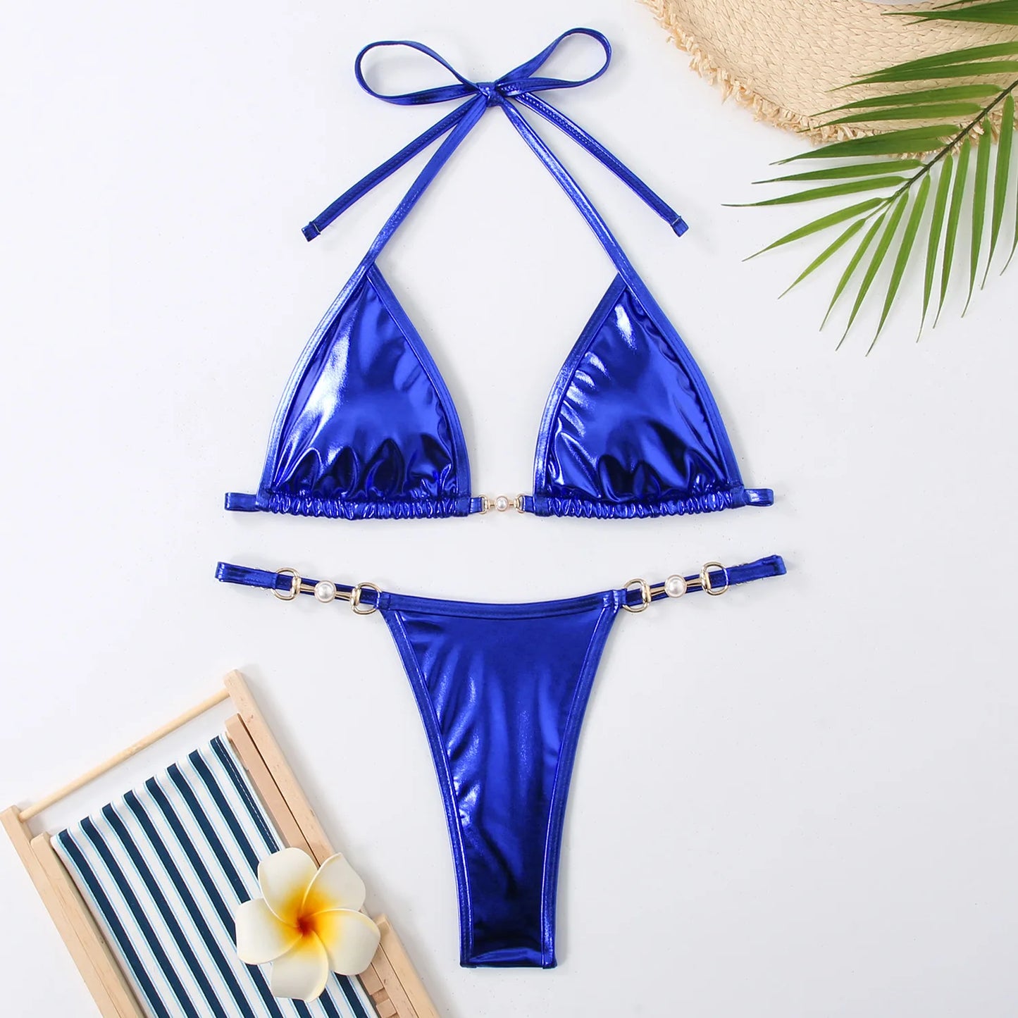 Metallic Halter Triangle Bikinis Sets Thong Swimsuit