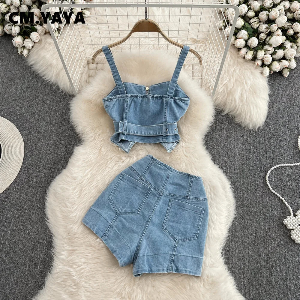 CM.YAYA Women Set Denim Strapless Belt Top +Mini shorts Sets Street Casual Two 2 Piece Set Sexy Party Outfit 2024 Summer