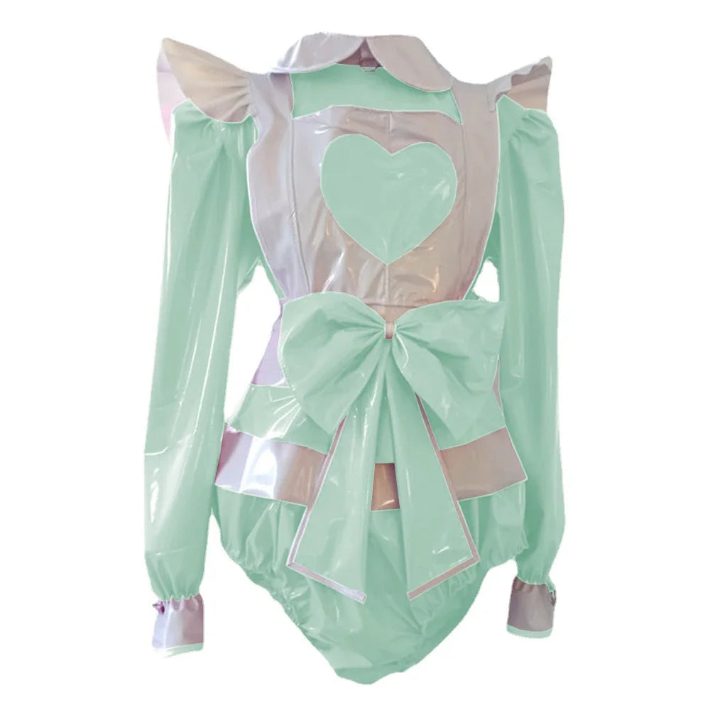 Long Sleeve heart Rompers Maid style with Big Bow Apron Spandex PVC Leather Cosplay Suits