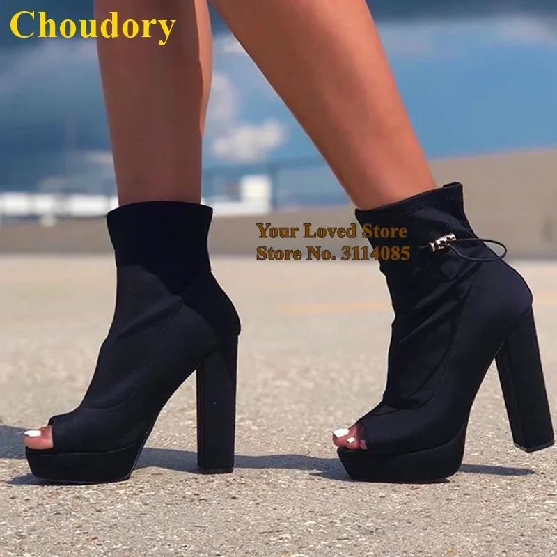 Choudory Lime Green Hot Pink Stretch Lycra Short Boots Chunky Heels Platform Ankle Boots Lace-up Open Toe Dress Shoes Pumps