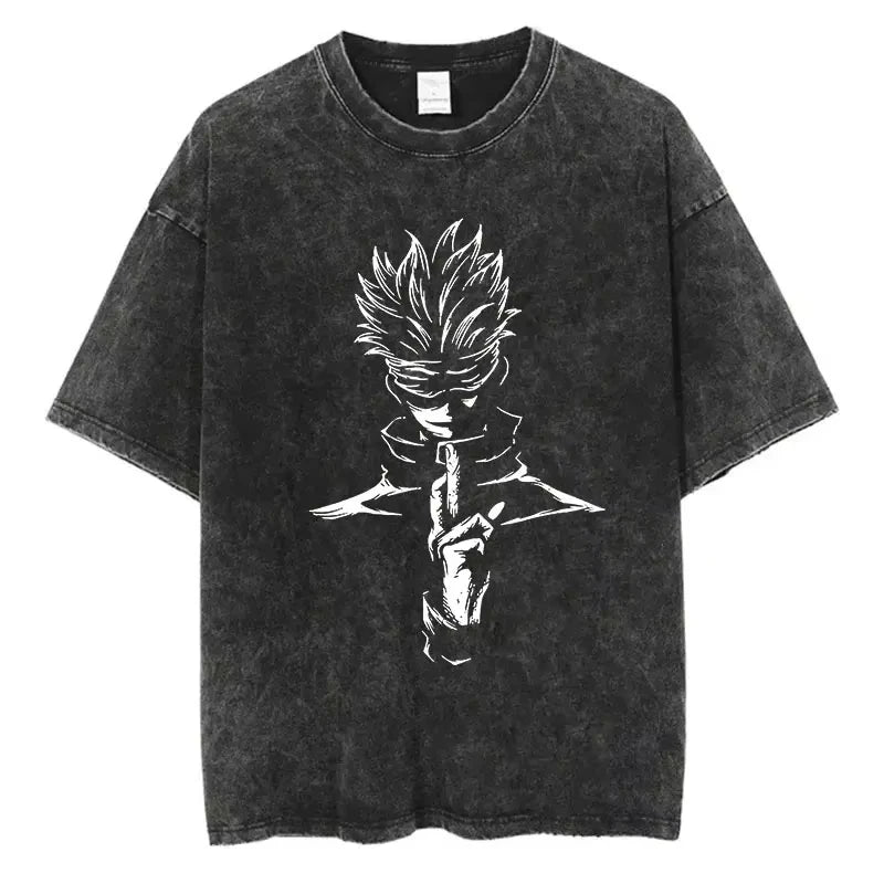 Vintage Black Washed Cotton Tees Shirts Anime Graphic Tshirts for Men Women Casual Short Sleeve Tops Cosplay Hip Hop Streetwear