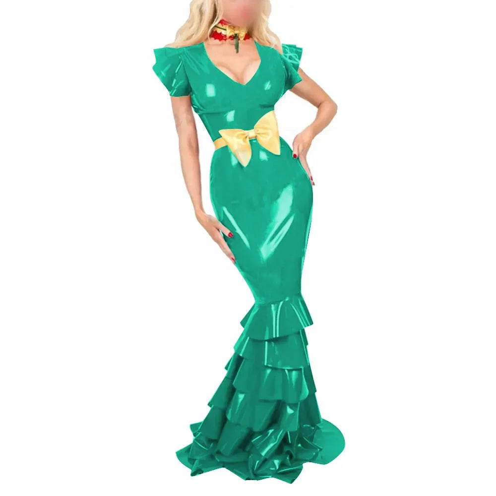 Plus Size Sexy V Neck Hobble Dress Vestido PVC Leather Short Sleeve Slim Ruffled Design Bodycon Maxi Dress Banquet Venue Gown