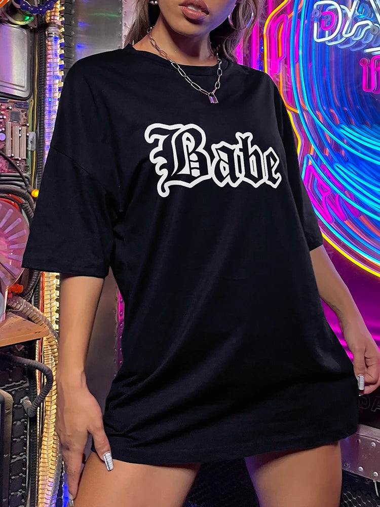 Babe Personality Street Font T-Shirts Women Loose Oversized T-Shirt High Quality Cotton Short Sleeve Summer Breathable Clothing