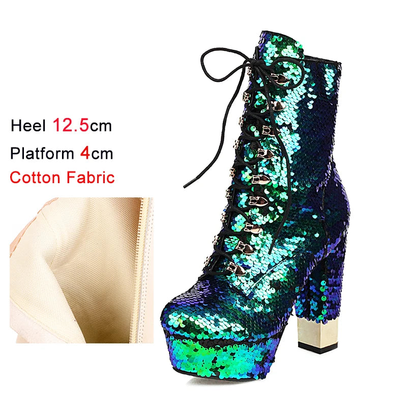 Golden Short Boots Women Platform Heels Glitter Bling Round Side Zip Block Heel Shoes Gold Silver Green Size 34-43 Botas Mujer
