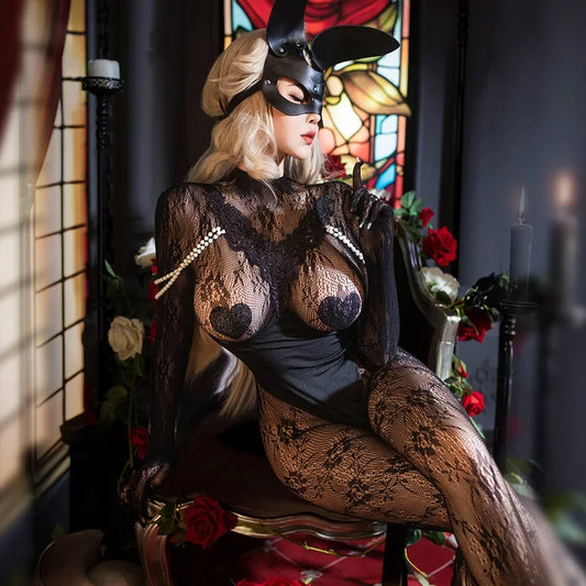 Halloween Castle Feast See Through Uniform Cosplay Costume Lace Mesh Jumpsuit Nun Dress Role Play Nightdress Underwear Outfits
