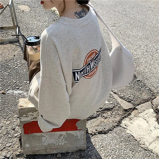 Autumn Thin Pullovers Casual Sweatshirt 2024 Women Loose Round Neck Sweatshirt Vintage Long Sleeve Printed Sweatshirt