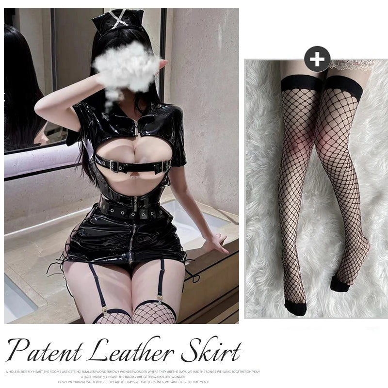 Women Exotic Lingerie Exposed Nipples PU Leather Erotic Dress See-through Babydoll Catsuit Leotard for Clubwear Costumes xxx
