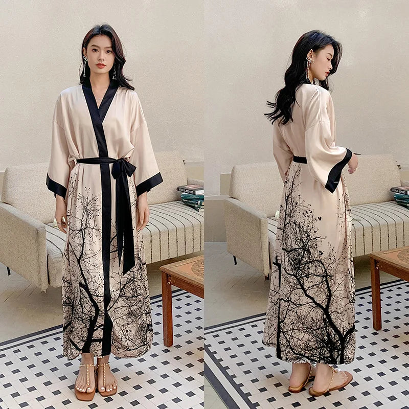 Satin Pajamas Womens Robe for Summer Plus Size Luxury Design Fashion Printing Silk Cool Long Style Bathrobe Womens Long Robes