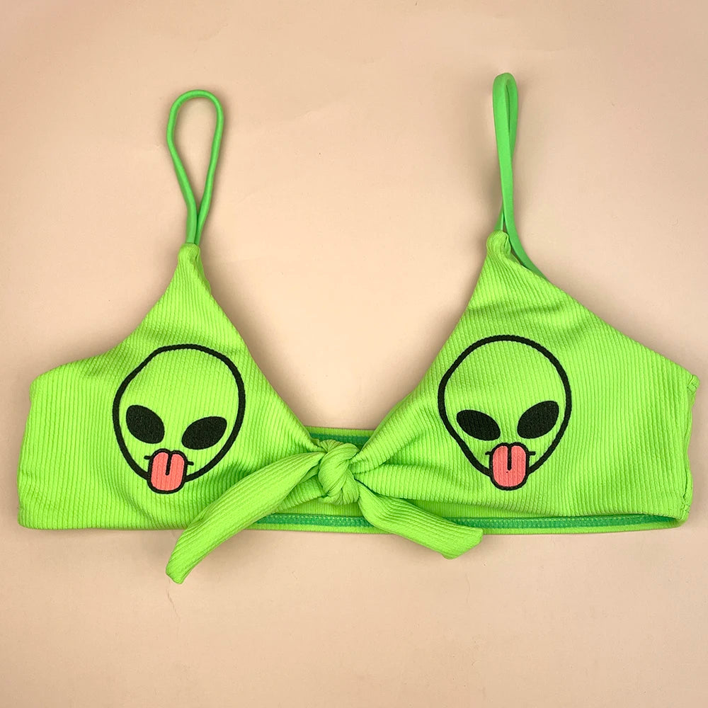 Funny Bikini Women Alien Peace Print Bra Triangle Bottoms Swimsuit Split Bathing Suit Underwear Sexy Bikinis Swimwear