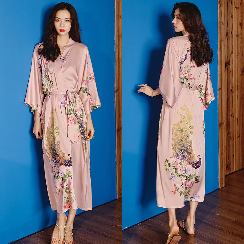 Oversize Long Robe Spring Summer Women Sleepwear Kimono Bathrobe Gown Sexy Satin Nightwear Nightgown Loose Home Dressing Gown
