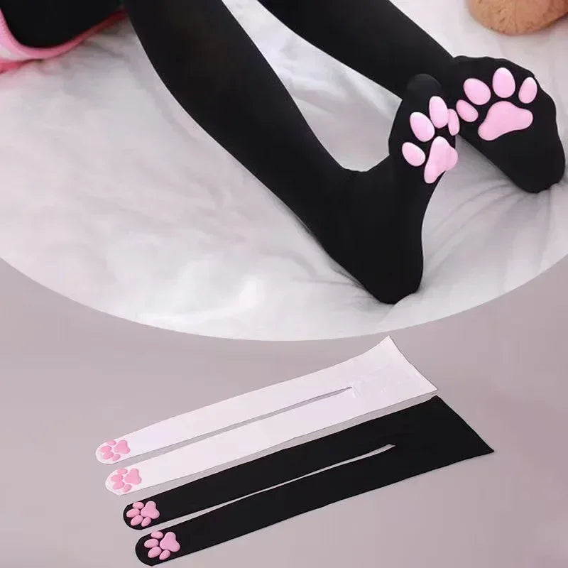 3D Cat Claw Cushion Silk Thigh High Stockings, Lolita Role Play Looks Accessories Socks for Girls and Ladies