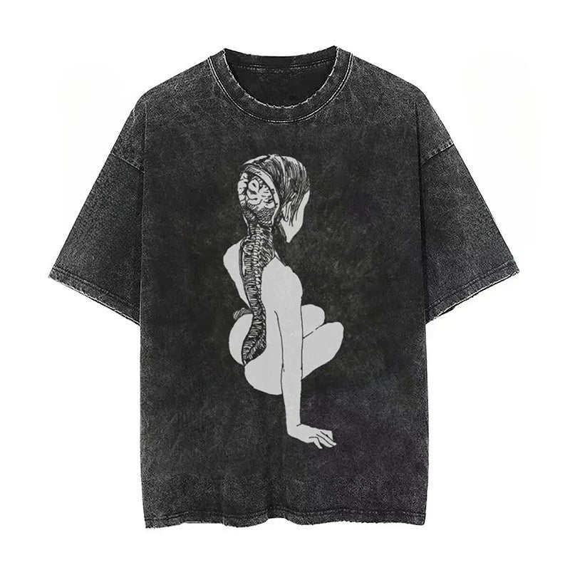 Anime Tomie Kawakami Junji Ito High-Street Washed Distressed Casual Sporty Light Luxury Men's Tees, Women's Short Tees & Couple