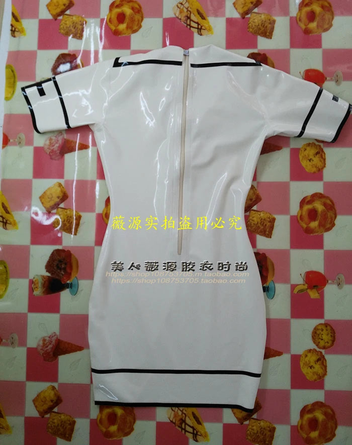 ASHBURN Sexy Short Sleeve Latex Nurse Dress Cosplay Thigh Tight Rubber Fetish Slim with Back Zipper