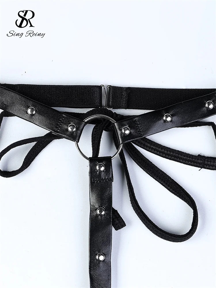 SINGREINY Club Mesh Spliced Leather Sexy Dress Fashion Bandage Hollow Out Slim Dress 2024 Women Halter PU Backless Sensual Dress