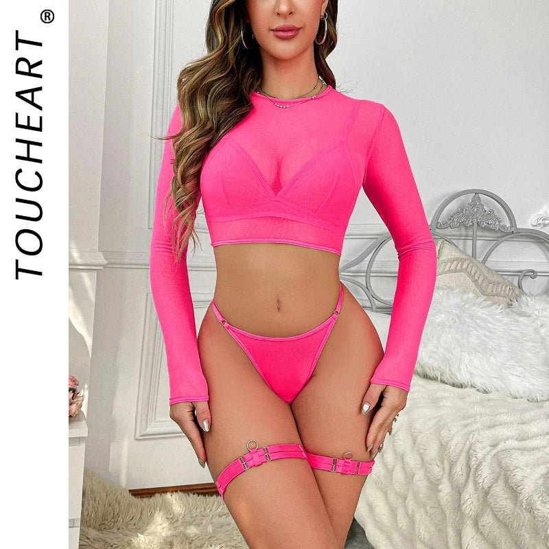 Toucheart 5 Piece Set Sexy Long Sleeves Top Bra Set For Women Solid Color Underwear Mesh See-Through Sexy Garter Underwear Set