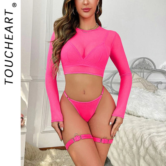 Toucheart 5 Piece Set Sexy Long Sleeves Top Bra Set For Women Solid Color Underwear Mesh See-Through Sexy Garter Underwear Set