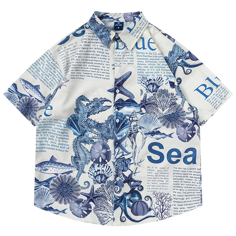 Sea World Letter Printed Shirts Japanese Harajuku Oversized Shirts Short Sleeve Button Up Blouse Men's Summer Hawaii Shirts Tops