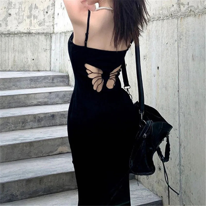 Goth Dark Cyber Y2K Butterfly Hollow Out Straps Dresses Fairy Grunge Bodycon Gown Women Sexy Hot Backless Dress Gothic Techwear