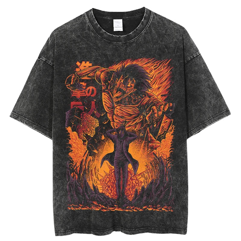 Anime Attack on Titan Tshirts Vintage Washed T Shirt Harajuku Oversize Cotton Tee Cotton Fashion Streetwear Unisex Top