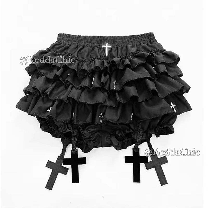 REDDACHiC Alt Goth Cross Decor Black Bloomers Retro Elastic Waist Tiered Ruffle Cake Pumpkin Shorts Panties Lolita Women Bottoms