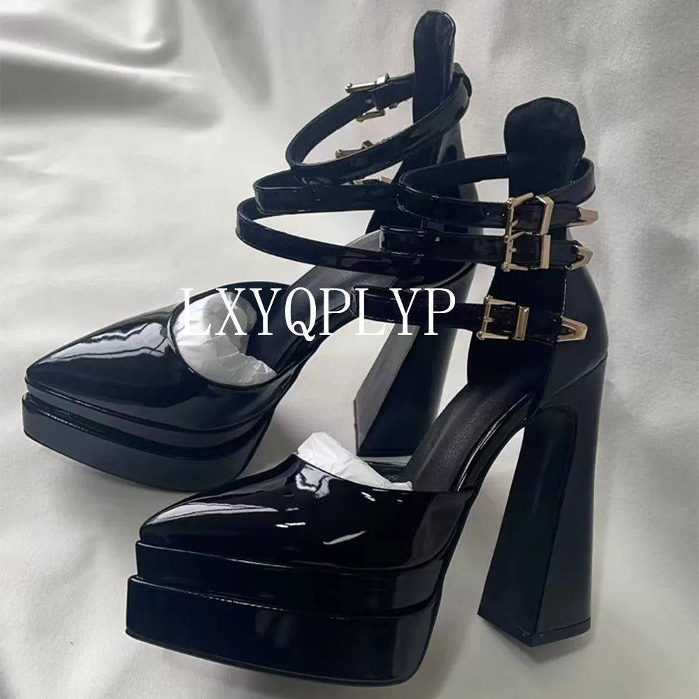 Pointed Toe Patent Leather Roman THICK HEELS Women's Platform Summer Thick High HeelS
