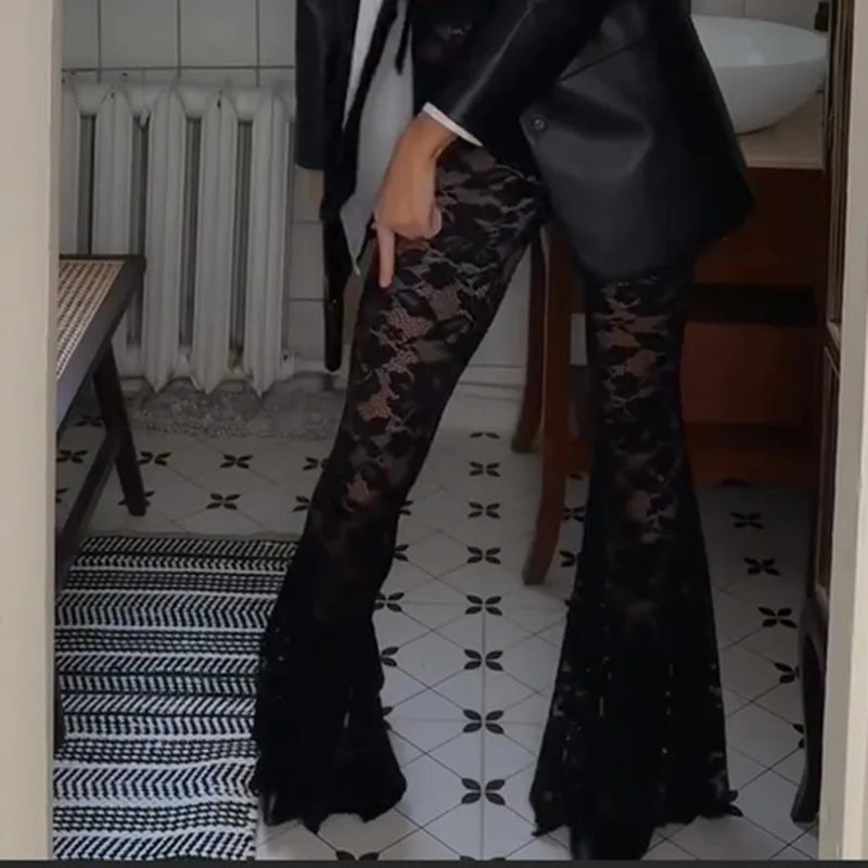 Goth Dark Lace Perspective Flare Pants Mall Goth High Waist Full Length Pant Casual Streetwear Hot Sexy Sheer Trousers 2025 New