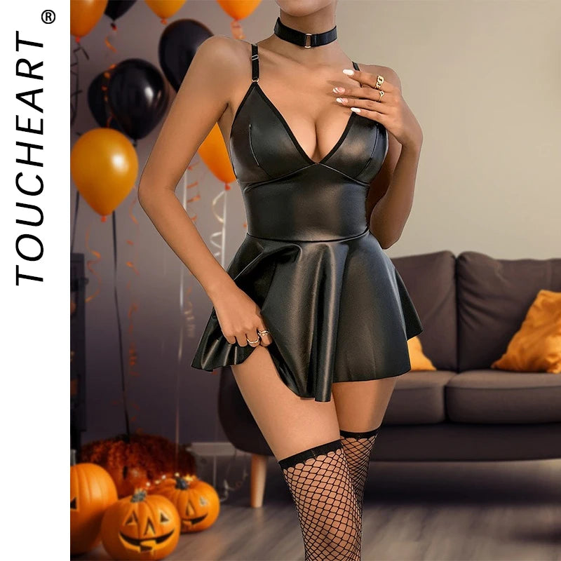 Toucheart Sexy Erotic Lingerie Set 3 Piece Set for Women PU Collar Sexy Lingerie Suit Sexy Pajamas Sex Uniform Underwear Set New