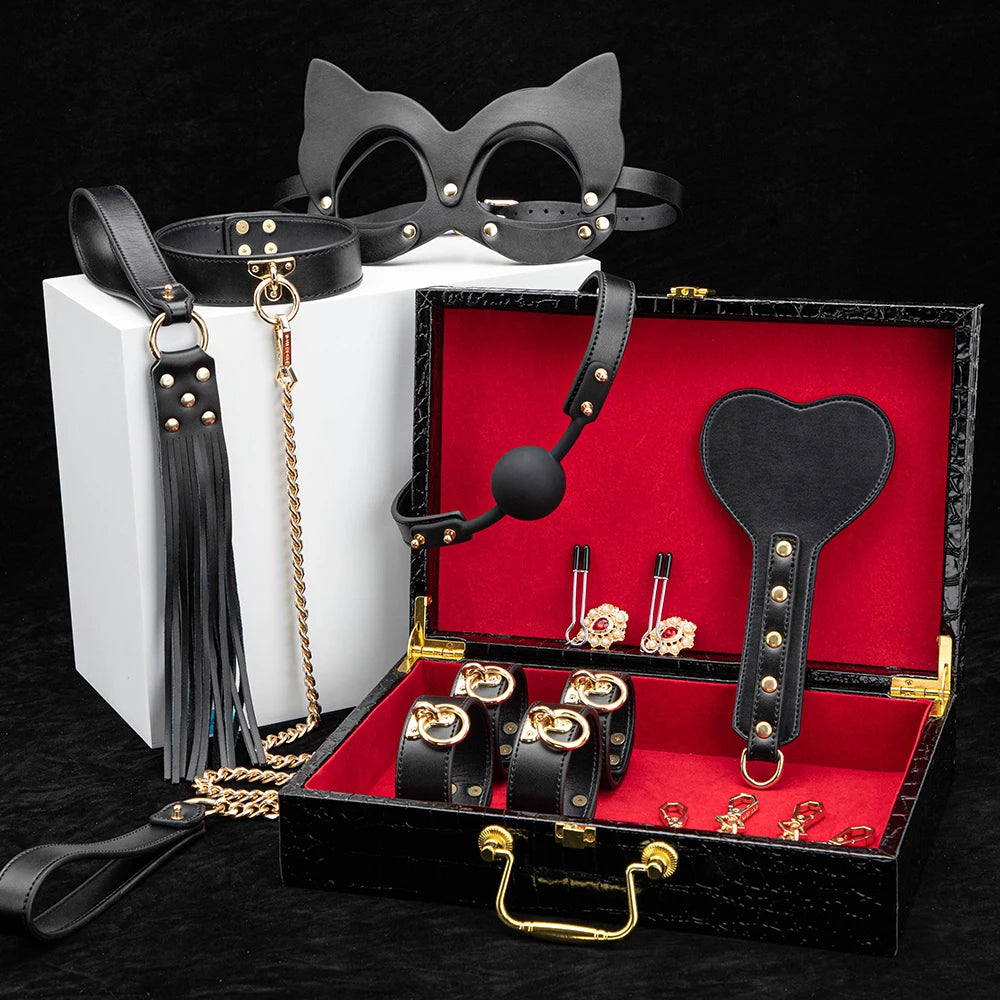 Erotic Bed Bondage Kits Slave Restraint Bondage Set Genuine Leather Collar Gag Whips Handcuffs Adult Sex Toys For Women Couples