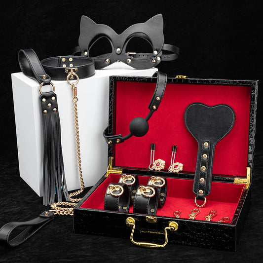Erotic Bed Bondage Kits Slave Restraint Bondage Set Genuine Leather Collar Gag Whips Handcuffs Adult Sex Toys For Women Couples