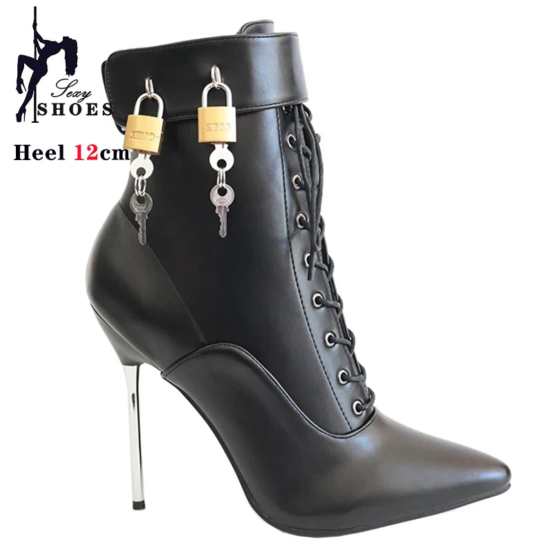 Women Pointed Toe Ankle Strap Boot 12cm Sexy Cross-tied Metal Thin High Shoes Stiletto Buckle Boots with Padlocks Lockable Boots