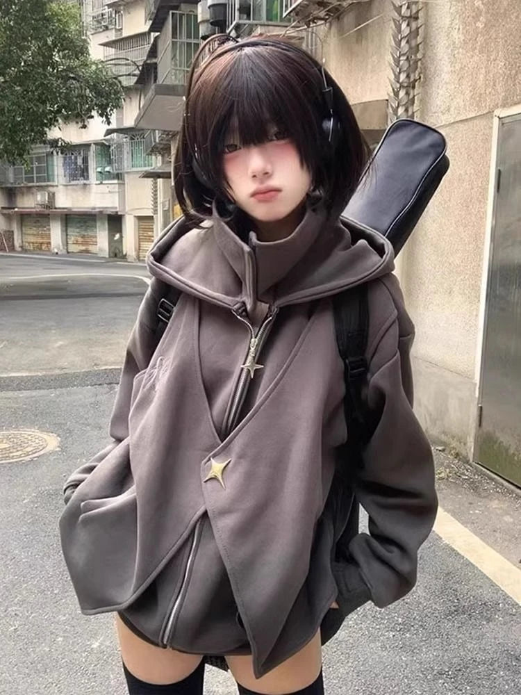 Fake Two Pieces Vintage Loose Zipper Sweatshirts Women Casual Streetwear Grunge Coats Y2k Aesthetic Oversized Stand Neck Hoodies