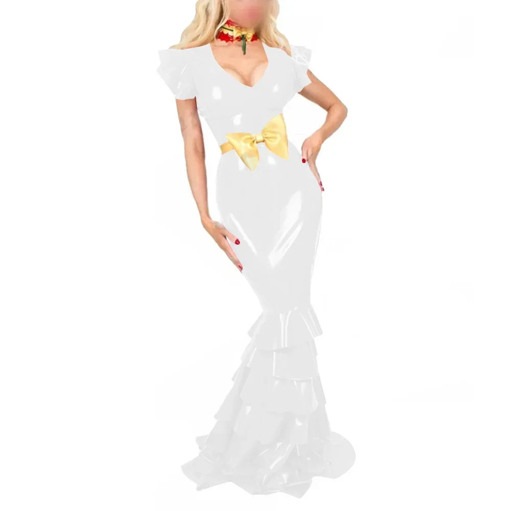 Plus Size Sexy V Neck Hobble Dress Vestido PVC Leather Short Sleeve Slim Ruffled Design Bodycon Maxi Dress Banquet Venue Gown