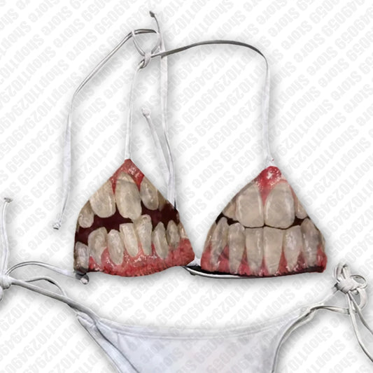 Punk Y2k Style Tooth Print Sexy Women Summer Swimwear Bikini Set Bra Tie Side G-String Thong Beach E Suit Swimsuit Bathing Suit