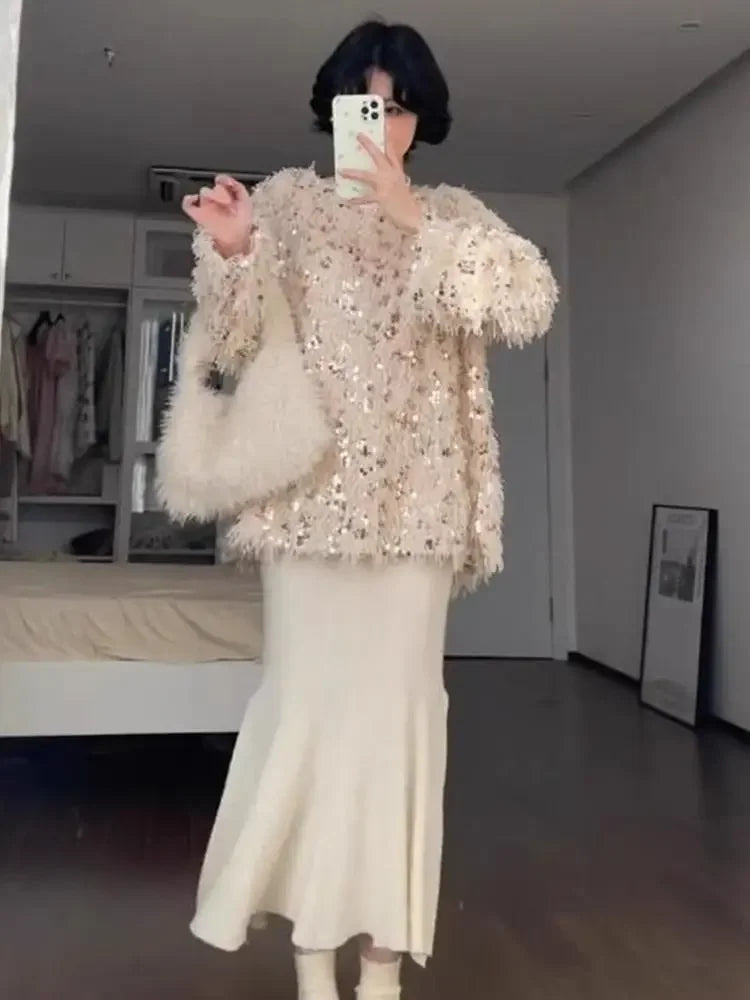 Long Sleeve Top Oversized Sweater Sueter Mujer Y2k Clothes  Pullover Heavy Industry Feather Sequin Sweaters Women New