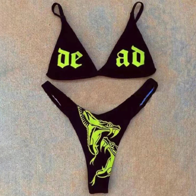 Gothic Bikini 2025 Women Letters Snake Print Bra Triangle Bottom Swimsuit Split Bathing Suit Underwear Y2K Bikinis Punk Swimwear