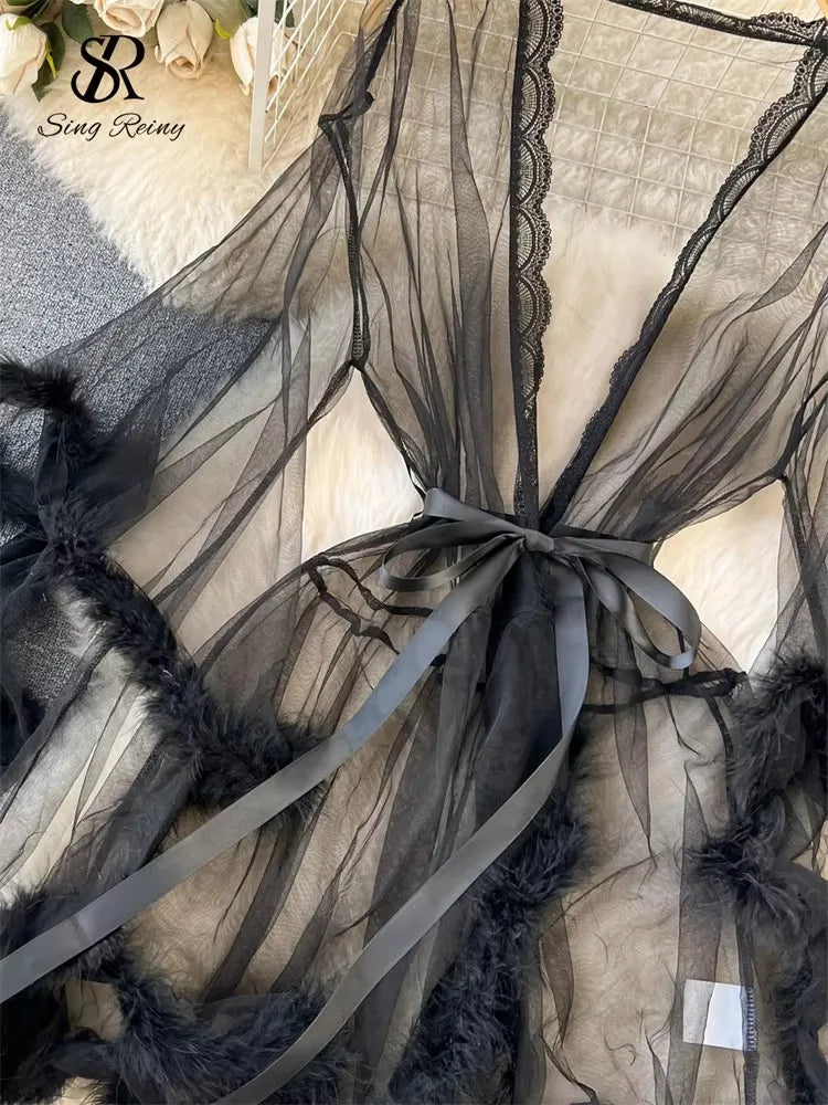 SINGREINY Female Sheer Shapewear Robes Fashoin Long Sleeve Plush Spliced Thin Lingerie Women Lace Up Erotic Midi Long Sexy Robes