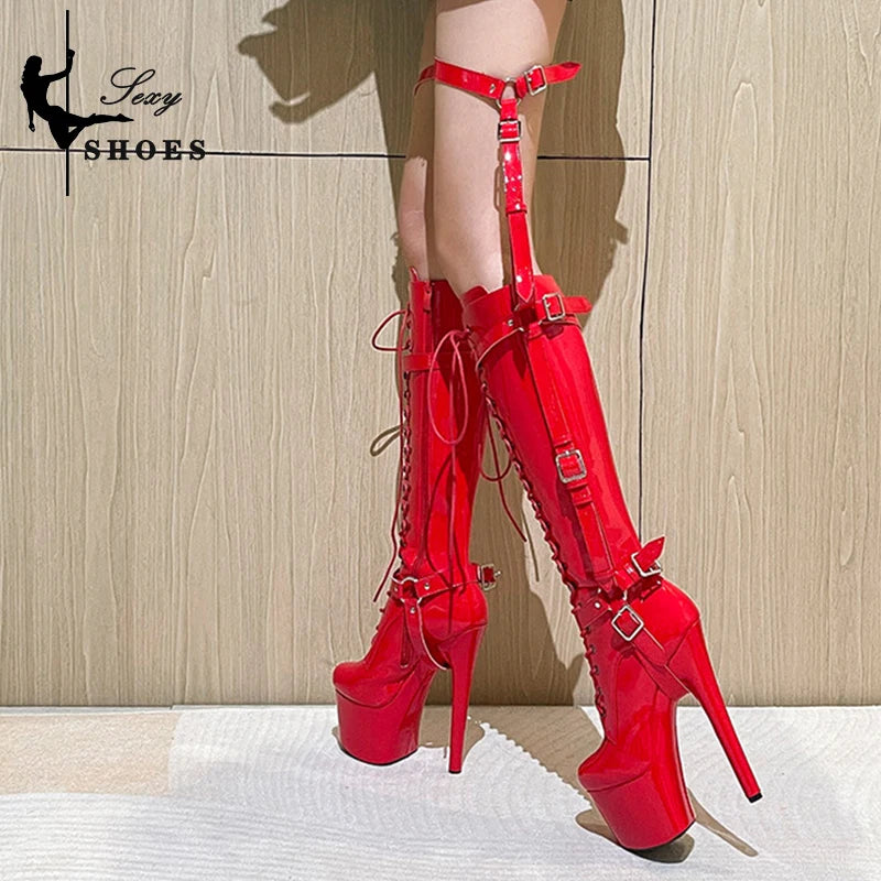 Women Erotic Red T-tied Knee-High Boots Pole Dancing Fashion Boots Zip Stiletto Gothic Fetish Long Boots Stripper Shoes