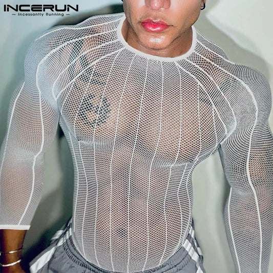 Party Nightclub Style Tops INCERUN Men's See-through Thin Design T-shirts Sexy Leisure Male Hot Sale Long Sleeved Camiseta S-3XL