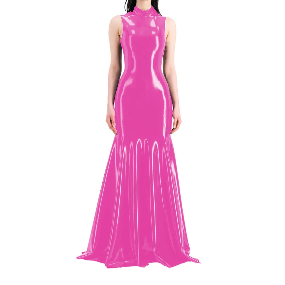 Women's Sleeveless Half High Neck Wet Look PVC Maxi Dress, Faux Latex Mermaid Floor-Length Dress, Party Club Fetish Outfit,