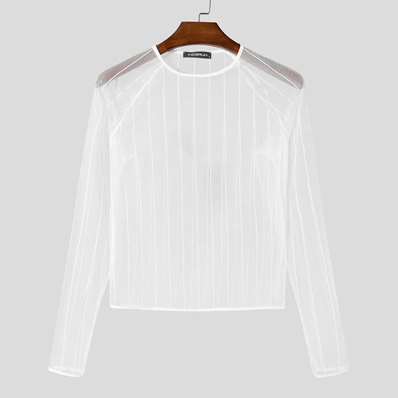 Party Nightclub Style Tops INCERUN Men's See-through Thin Design T-shirts Sexy Leisure Male Hot Sale Long Sleeved Camiseta S-3XL