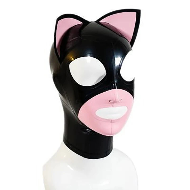 Adult Latex Hood Mask with Pink Cat Ears Back Zipper Rubber Head Mask Pretty Women Cosplay Costumes Props