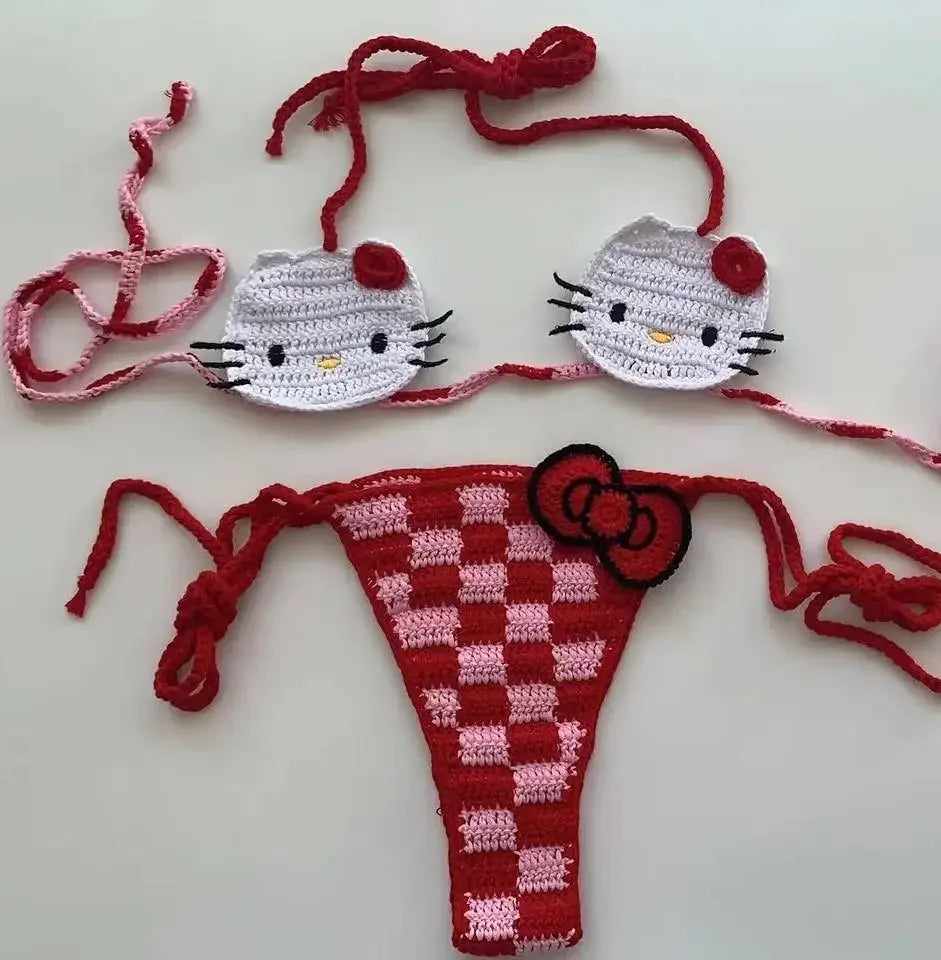 100% Handmade Crochet swimsuit set . As seen on Models. Fashionable Crochet bikini top and bottom. Bow Bathing Suit outfits
