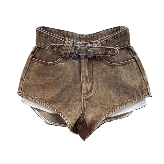 Retro Brown Shorts with A Cut Waistband High Waist Personalized Fashion Wide Leg Hot Pants Shorts Women