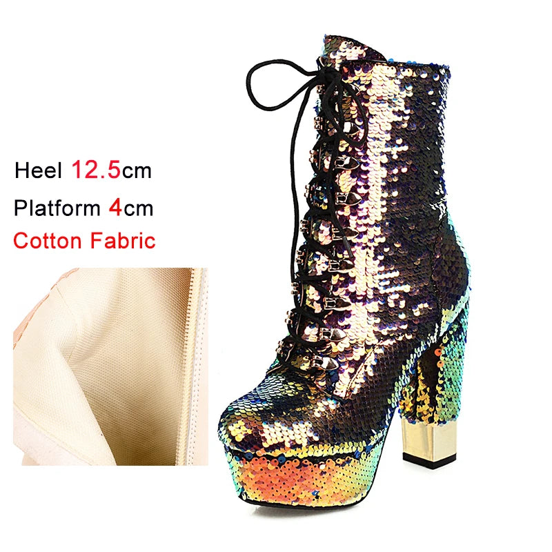 Golden Short Boots Women Platform Heels Glitter Bling Round Side Zip Block Heel Shoes Gold Silver Green Size 34-43 Botas Mujer
