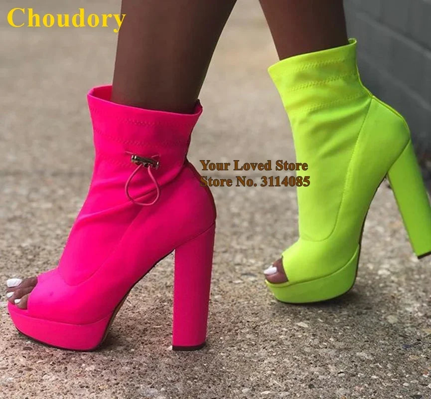 Choudory Lime Green Hot Pink Stretch Lycra Short Boots Chunky Heels Platform Ankle Boots Lace-up Open Toe Dress Shoes Pumps
