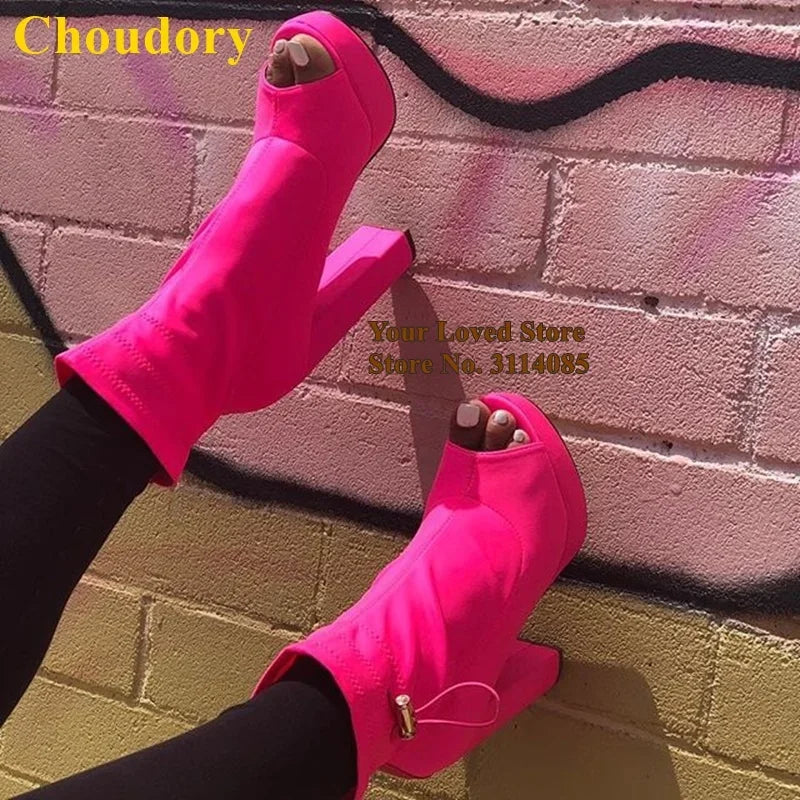 Choudory Lime Green Hot Pink Stretch Lycra Short Boots Chunky Heels Platform Ankle Boots Lace-up Open Toe Dress Shoes Pumps