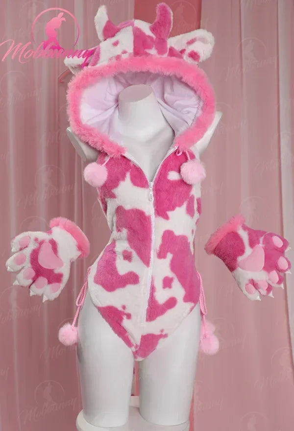 Mobbunny Women Christmas Lingerie Plush Bodysuit Cow Print Paw Cosplay Costume Hooded  Romper with Paw Gloves and Thigh Socks