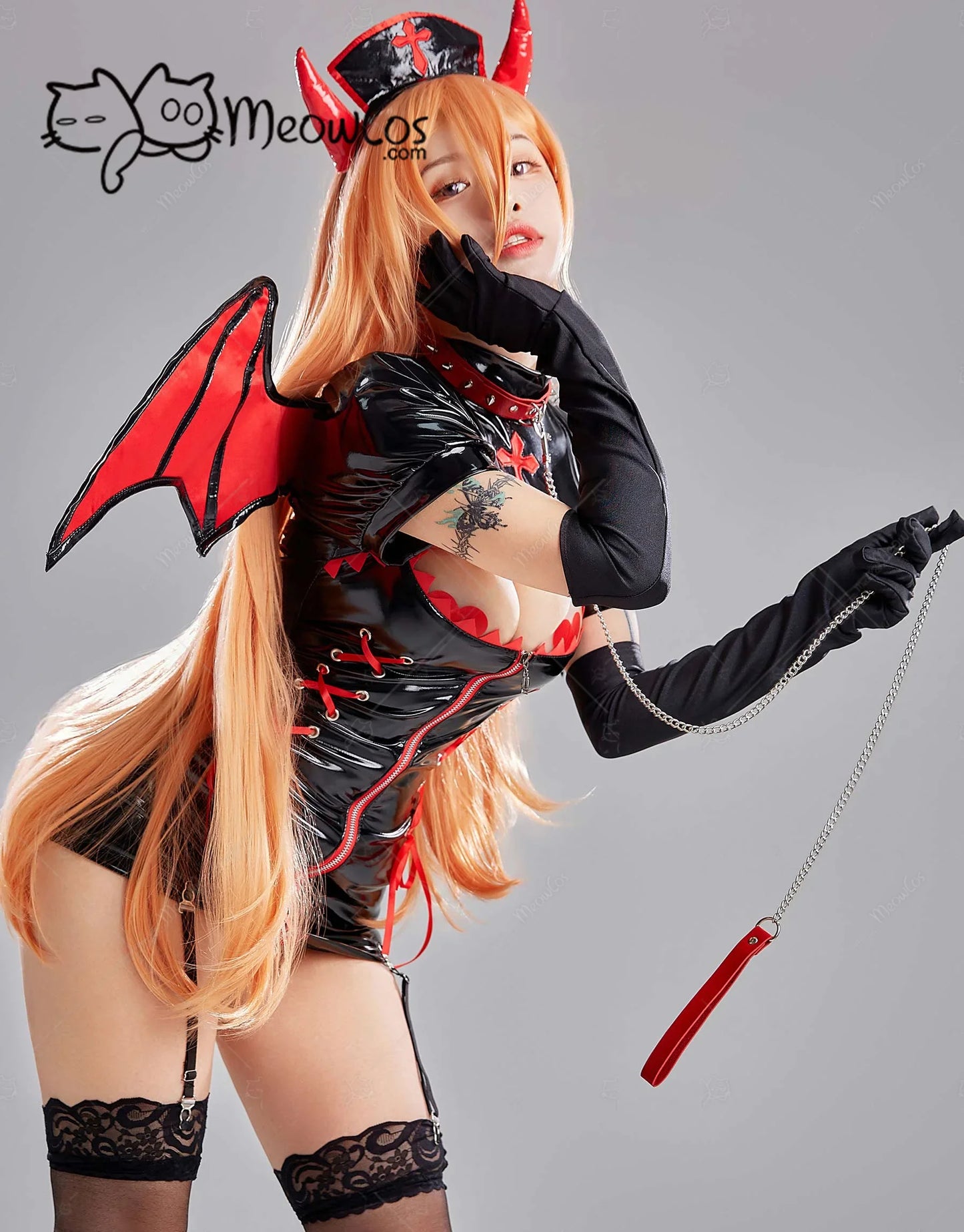 MEOWCOS Women Power Derivative Nurse Uniform Sexy Lingerie Set Dress and Wings with Gloves and Stockings Sleepwear Costumes